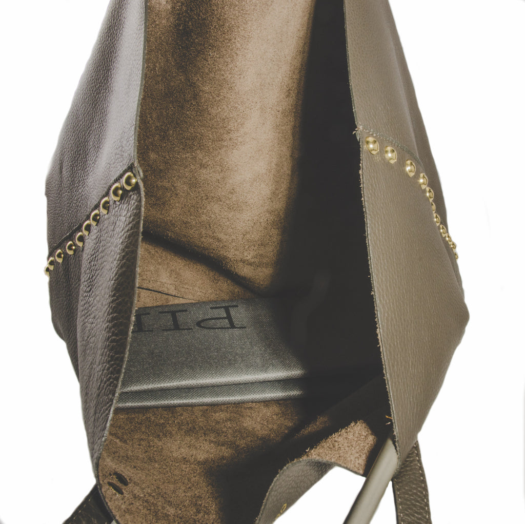 Pietro Alessandro Unlined Studded Tote in Charcoal Grey Pebble Grain Leather