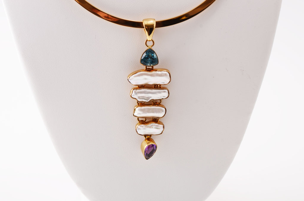 Alchemia Blue Topaz, Biwa Pearl & Amethyst Pendant