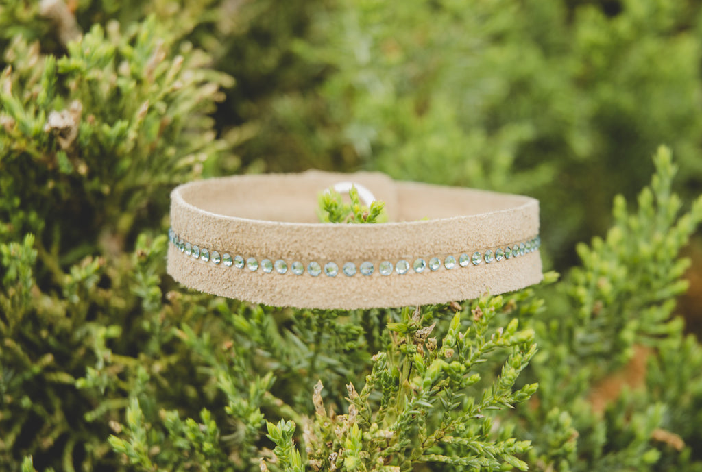 Dogwood Leather with Aquamarine Swarovski Crystal Simple Rustic Leather Bracelet