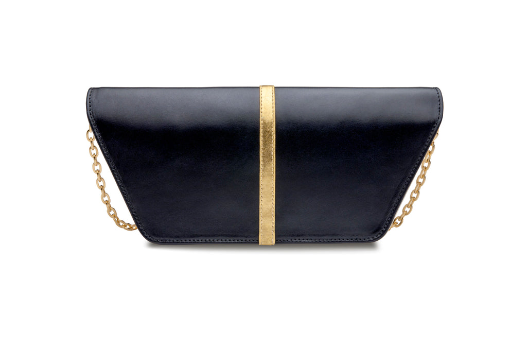 feNa woman's black Italian leather with gold accents and removable chain necklace