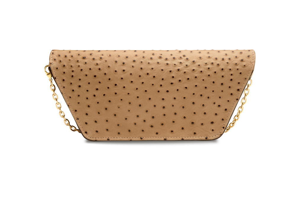 feNa designer ostrich-embossed Italian leather bag with removable chain, gold chain necklace