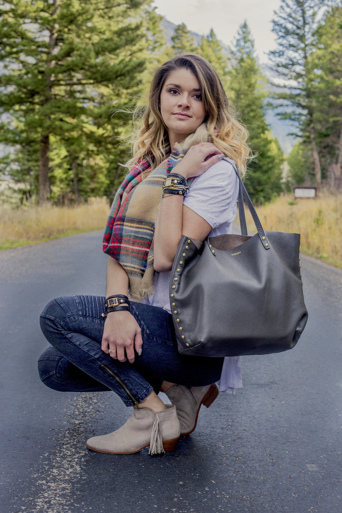 Pietro Alessandro Unlined Studded Tote in Charcoal Grey Pebble Grain Leather