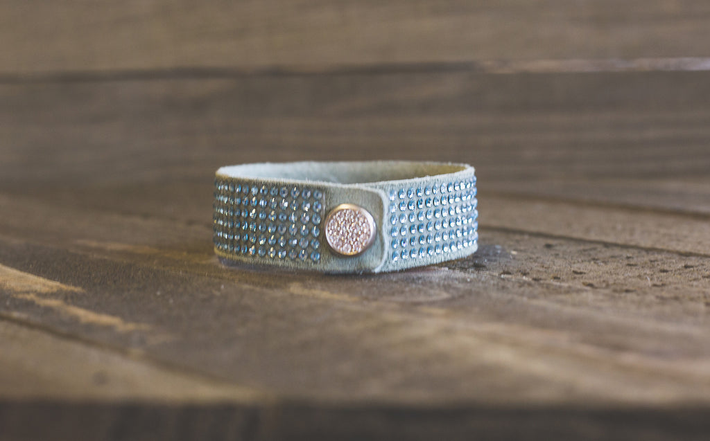 Sage leather suede with genuine Swarovski crystals and crystal snap enclosure