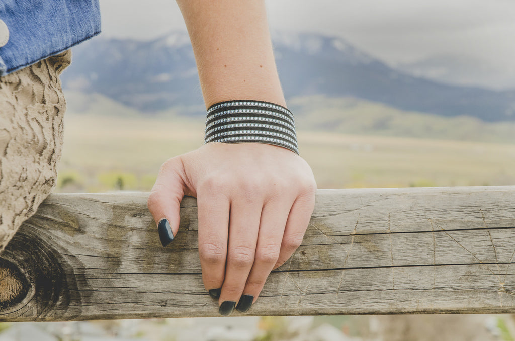Black Suede Leather Bracelet with Aquamarine Swarovski Crystals
