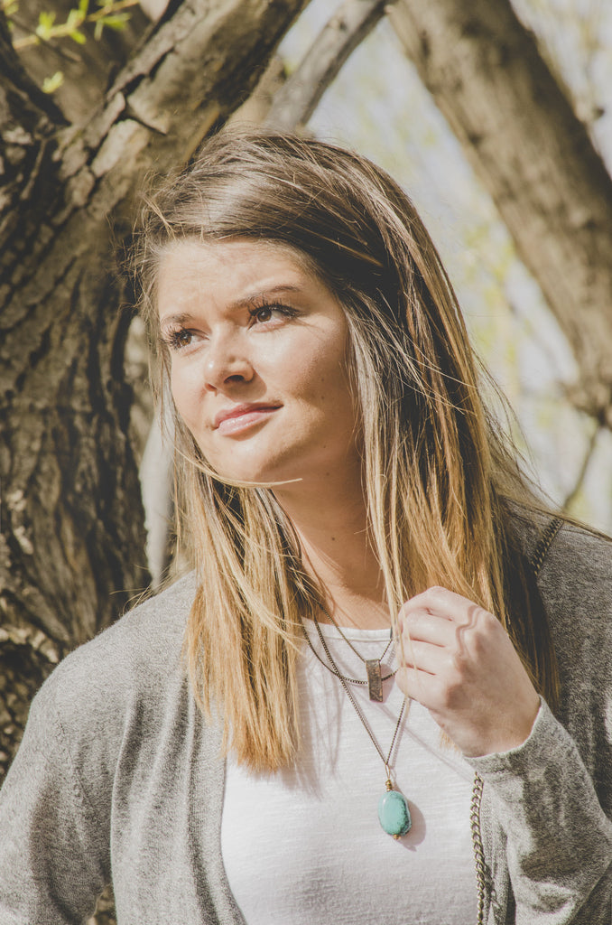 Jo Handbags Copper Turquoise Necklace Perfect layered with a cardigan