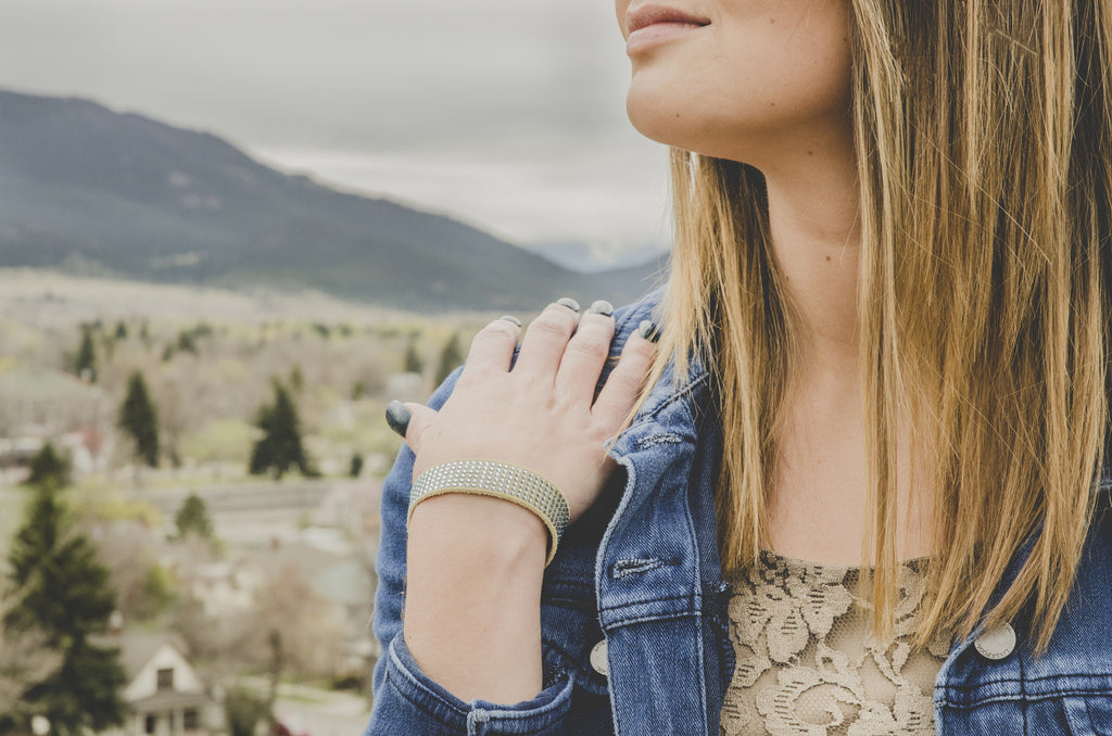 Camel Suede Leather Bracelet with Aquamarine Swarovski Crystals