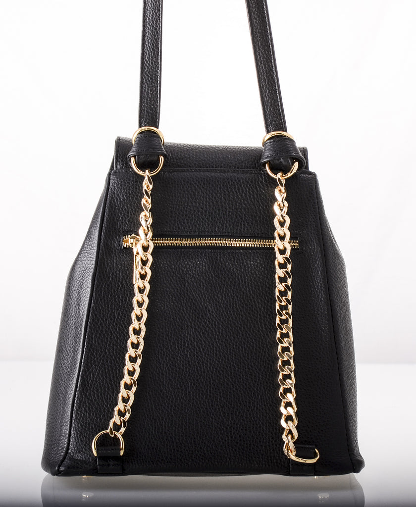 You'll want our Mixed Material Kyla Joy Leather Convertible Backpack or Crossbody with Gold zipper chain hardware