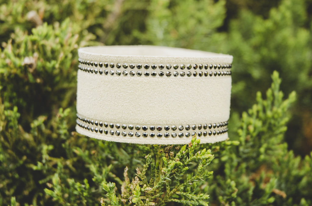 Natural Vintage Eggshell Suede Leather Cuff with Genuine Swarovski Crystals Stacking Bracelet