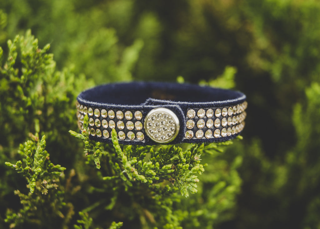 Leather Cuff Bracelet stacking Swarovski Champagne Crystals