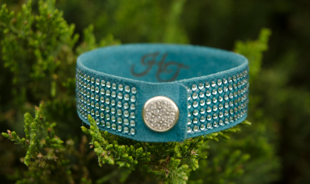 Teal leather Snap bracelet genuine suede and Swarovski Crystals