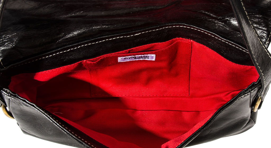 Marnie bugs sleek black leather clutch, Marnie bugs simple shoulder handbag, Red fabric lining