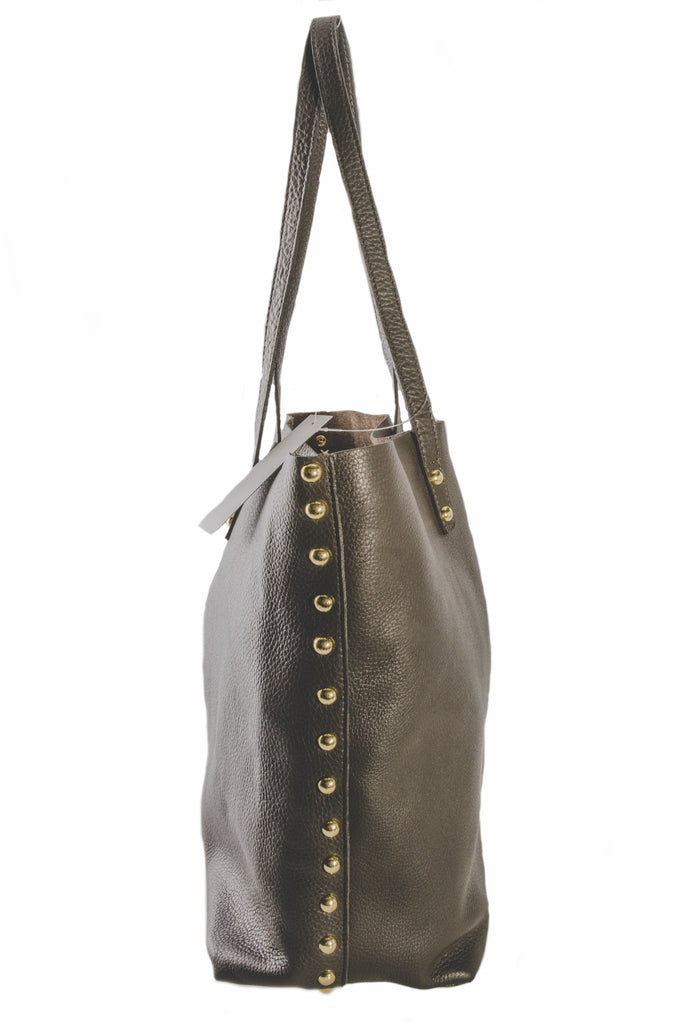 Pietro Alessandro Unlined Studded Tote in Charcoal Grey Pebble Grain Leather