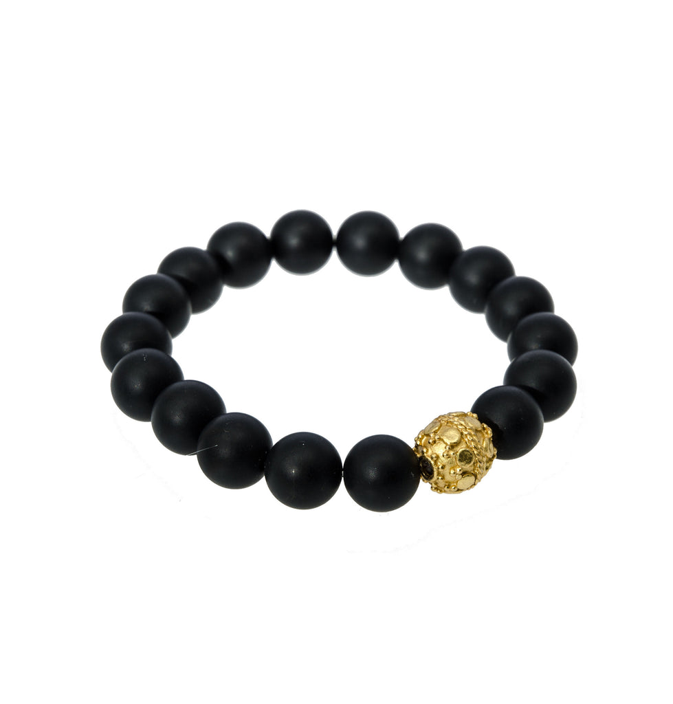 Sisco Berluti Black Matte Round beaded bracelet with Gold Filligree accent