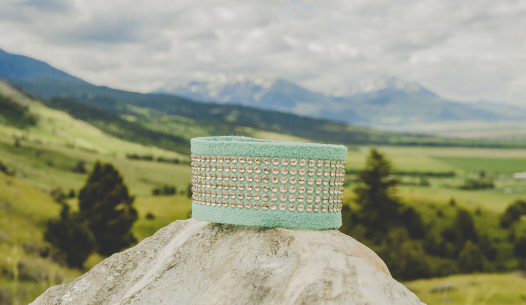 Mint Suede Leather Bracelet with Silk Swarovski Crystals cuff to be stacked or worn single