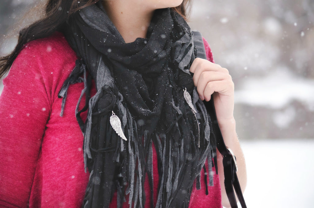 Donni Charm Fringe Scarf in Black & Charcoal with Silver Wing and Tassel