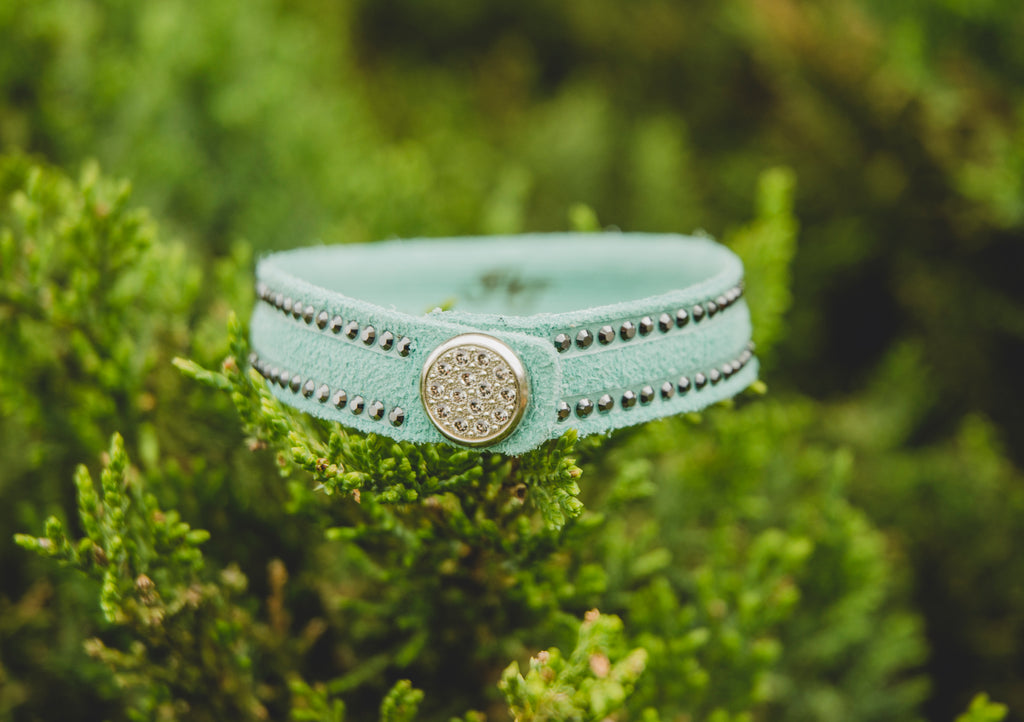 Mint Suede Suede Leather Bracelet with snap closure and genuine black Swarovski crystals