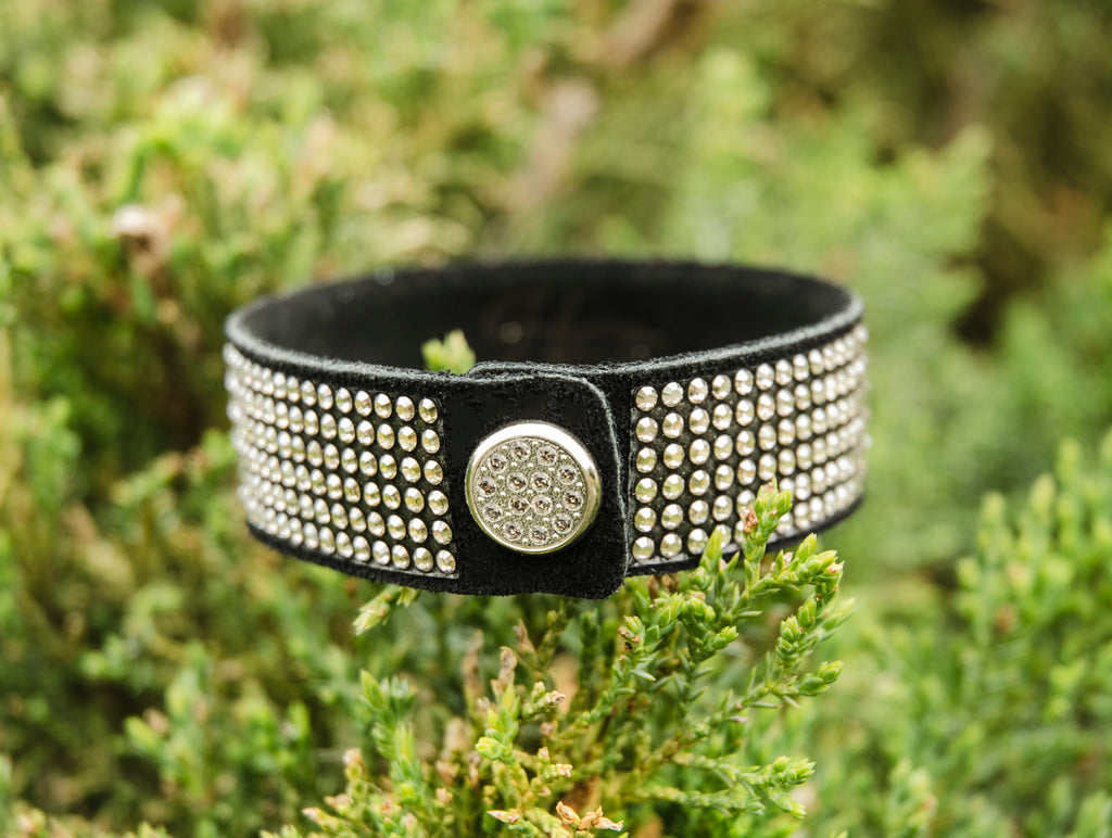 Black Cuff Snap Bracelets with genuine black leather suede and Genuine Swarovski crystals clear