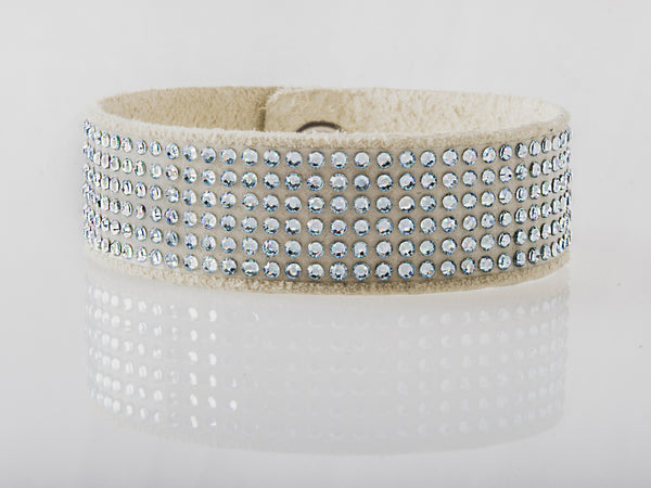 HT Leather Goods Swingley Leather Bracelet Eggshell Suede with Aquamarine Swarovski Crystals