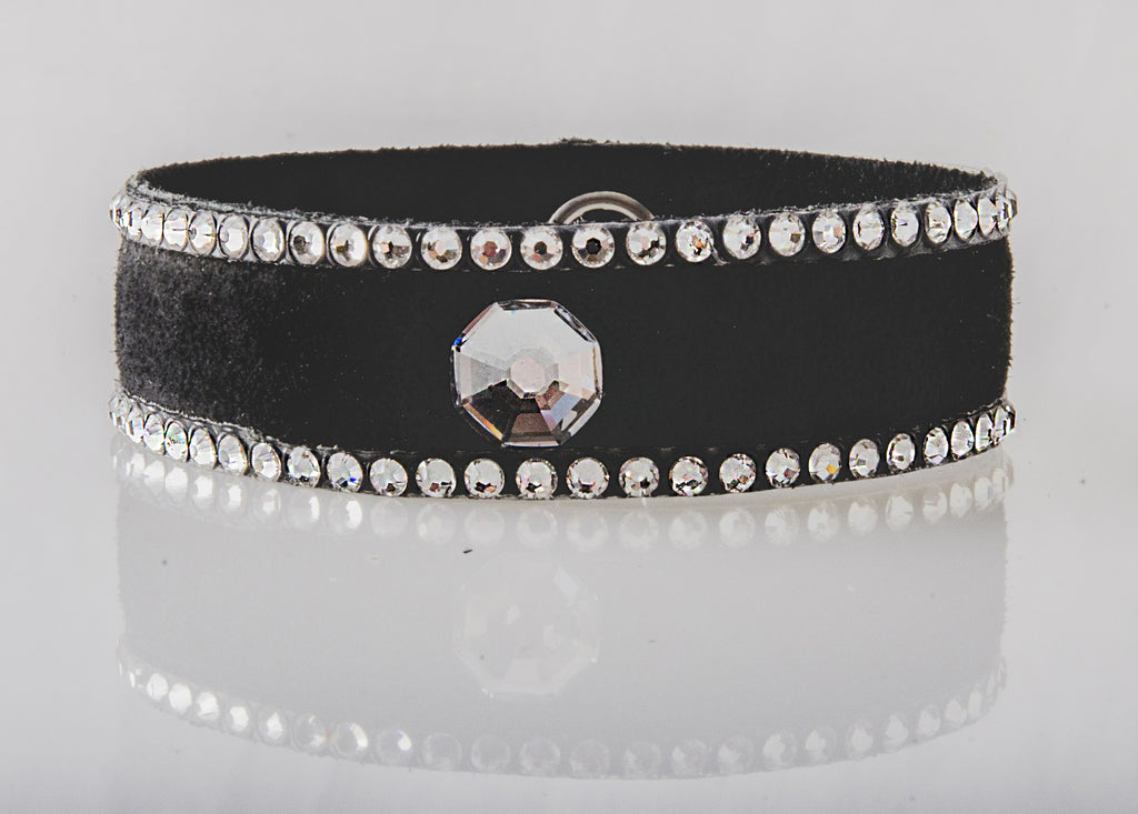 HT Leather Goods Yellowstone Leather Bracelet Accent Crystal Large Black Leather Genuine Crystals