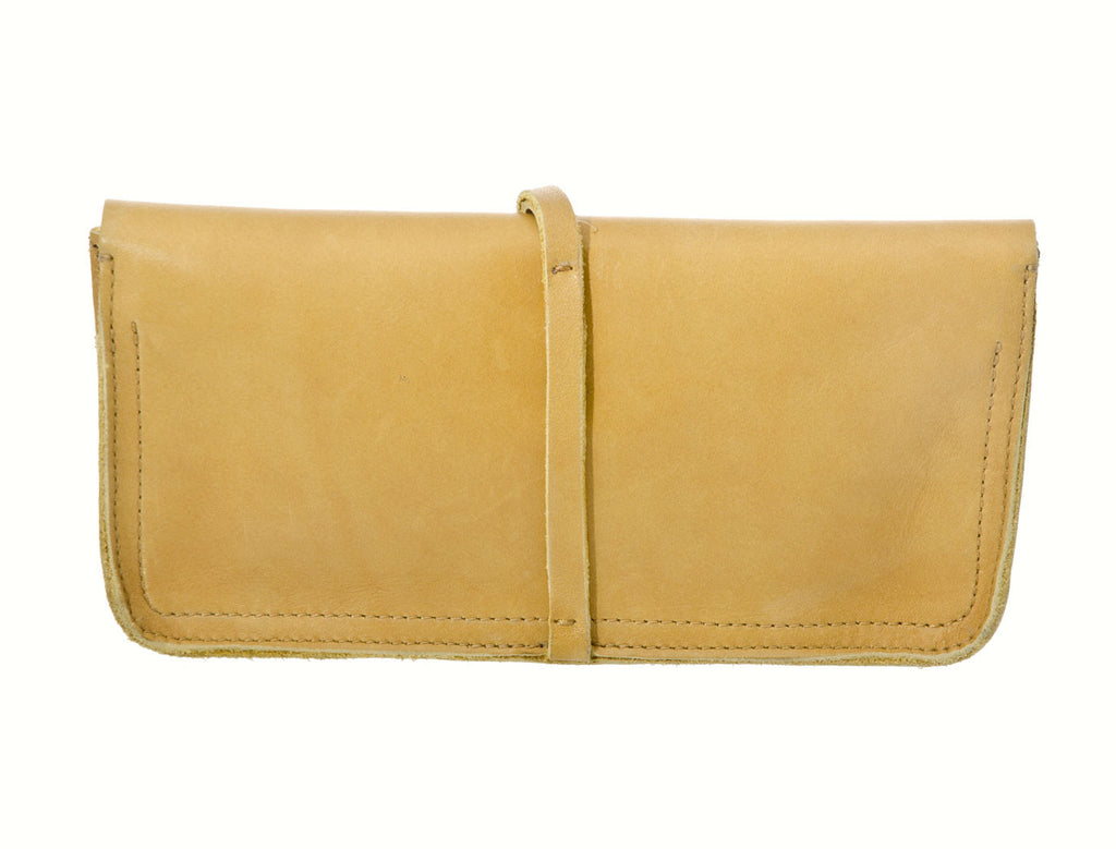 Jo Handbags Dakota Clutch in Mustard Raw Edge Boot Leather