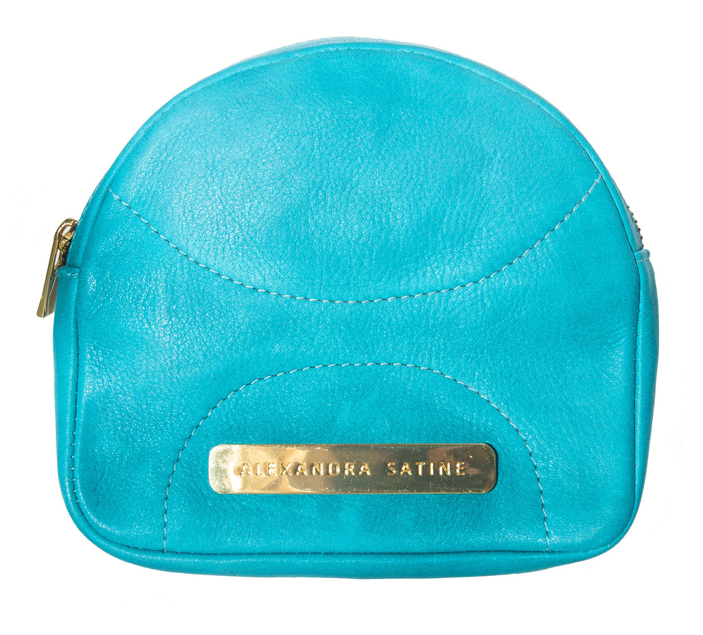 Teal blue, Aqua blue leather, gold accents, mini handbag
