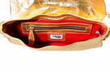 Marnie Bugs Gold Mettalic crafted leather handbag, Marnie Bugs fashinonable shoulder size purse, red fabric lining 