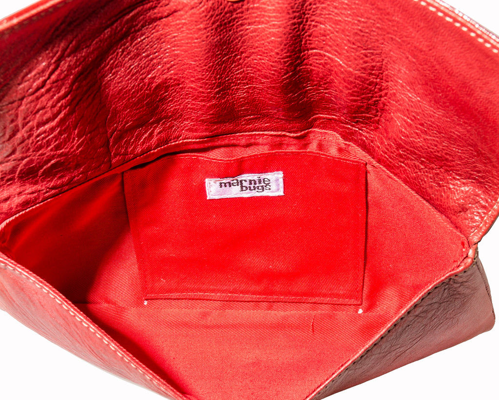Marnie Bugs stylish red clutch, marnie bugs exceptional soft leather handbag